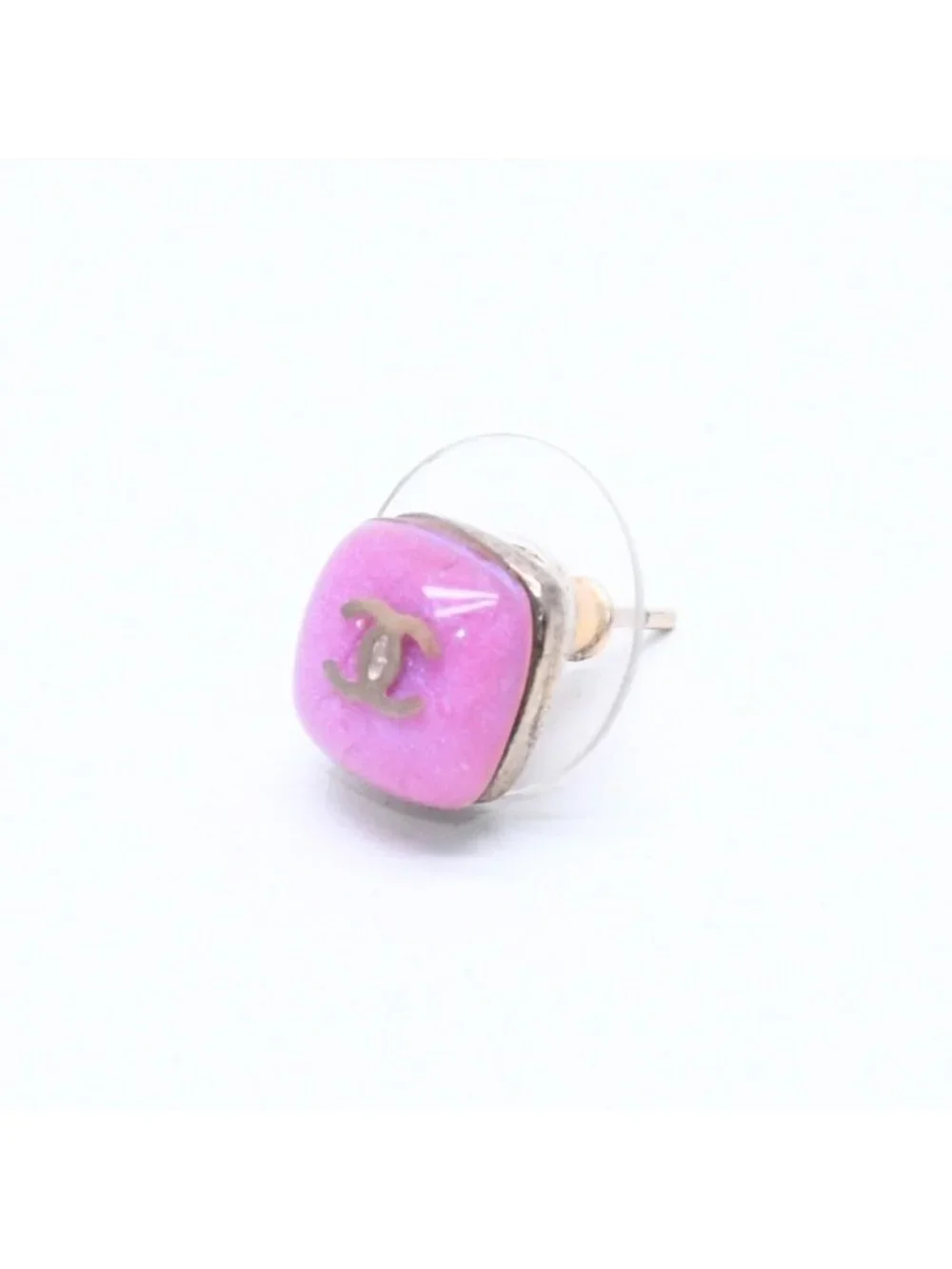Chanel Earrings CC Logo Button Purple Glitter Silver Metal Resin